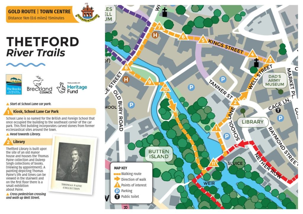 The Thetford River Trails Gold Route guides visitors on a path around the town that includes multiple Paine related locations including a gold statue of Paine, the site of the quaker meeting house where Paine’s father would have attended, the Thomas Paine Hotel, and the Thetford Library that has a collection of his works - Thetford Town Council
