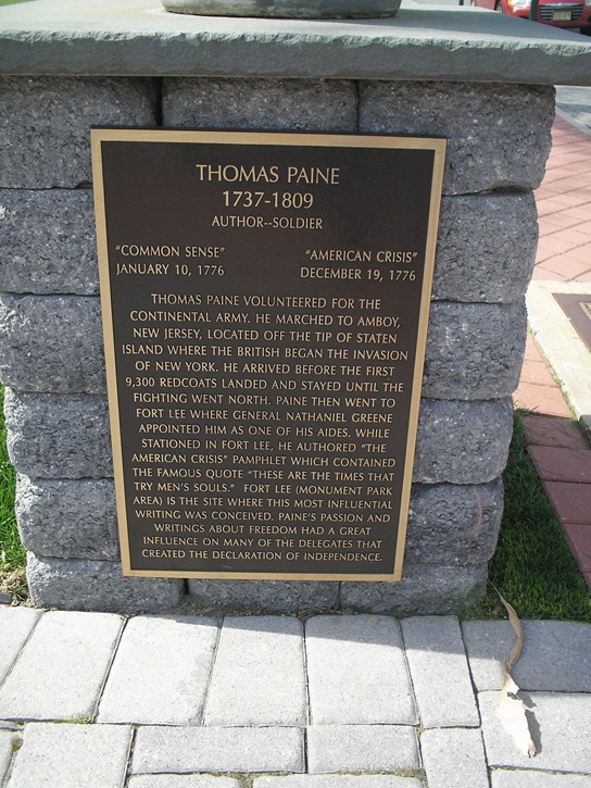 A plaque in Fort Lee, New Jersey claims to mark the site where Paine's 'The Crisis' pamphlet was conceived - Historical Marker Database