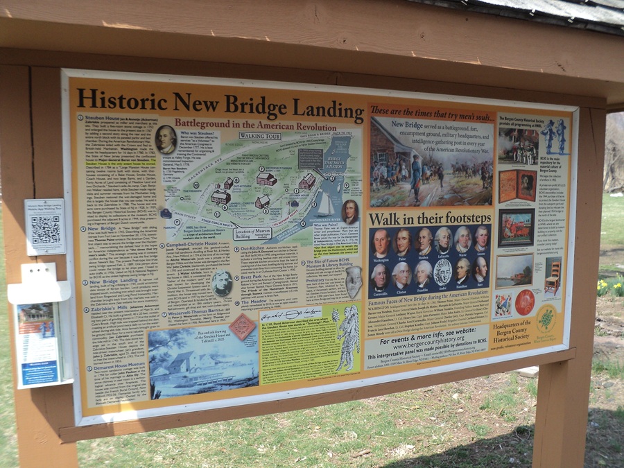 Plaque at “New Bridge” that was built here in 1745. Describing the American retreat from Fort Lee on November 20, 1776, eyewitness Thomas Paine wrote in The American Crisis, “Our first objective was to secure the bridge over the Hackensack, which laid up the river between the enemy and us”. It is where British troops attacked the American rear guard on November 21, 1776. New Bridge served as a battleground. Erected by Bergen County Historical Society - Photo by Bill Coughlin