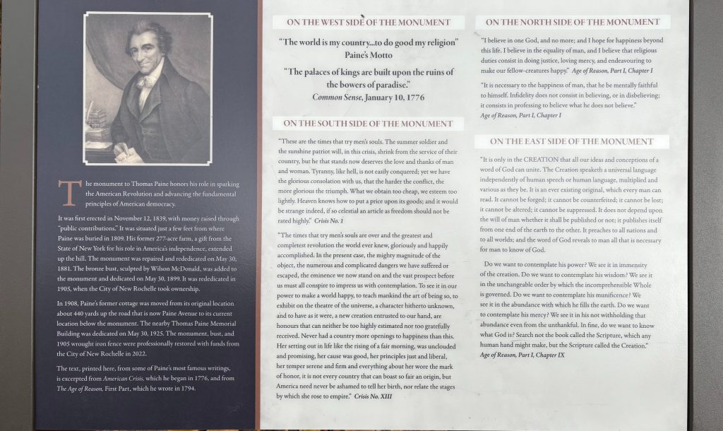 2025 sign detailing the 1839 Thomas Paine Monument in New Rochelle, installed with collaboration of City historian Barbara Davis, State legislators Paulin and Mayer, and the City of New Rochelle.