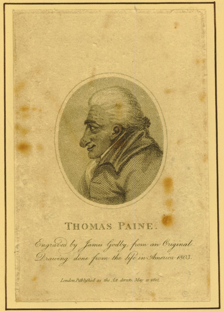 "Thomas Paine" a 1805 cartoon by James Godby shows a Paine bust, in profile to the left, with large nose and warts - © The Trustees of the British Museum