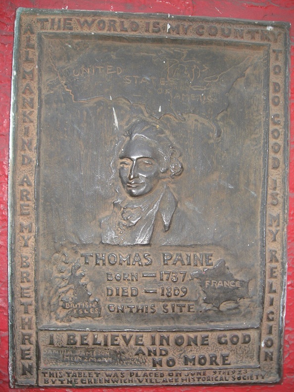 This plaque hangs on the outside wall of a brick building on Grove Street in Greenwich Village in New York City on the site where Thomas Paine died on June 8, 1809. It was placed on the June 9th, 1923 by the Greenwich Village Historical Society - Flickr