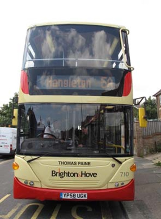 Brighton and Hove, UK had a 710 Scania Omnicity that carried the name "Thomas Paine" since delivery in January 2009. Repainted into standard livery July 2013. - Brighton & Hove Bus and Coach Company Ltd