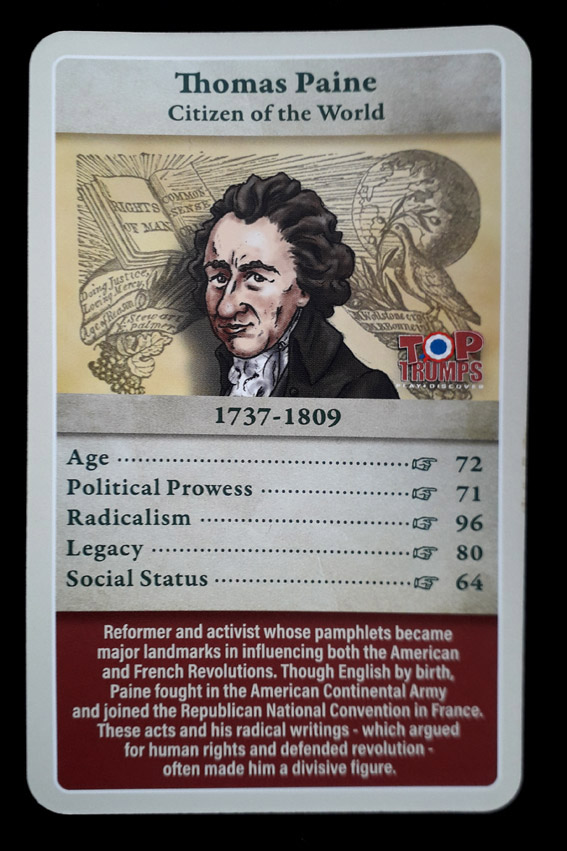 Age of Revolution's Top Trumps cards 'Thomas Paine' card, illustrated by 'Polyp', from a free UK schools education project mimicking the famous children's game, which examines a range of high-impact, influential figures from the era - The Age of Revolution