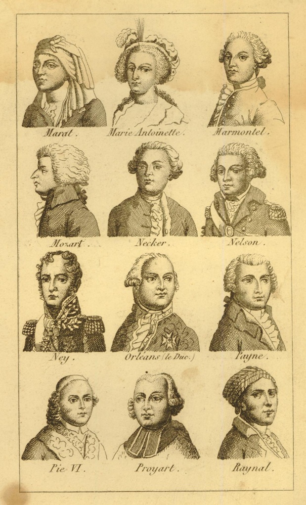Anonymous French etching print circa 1800-1820 showing twelve individual portraits iincluding Marat, Marie Antoinette and Marmontel; Mozart, Necker and Nelson; Ney, the Duke of Orléans, and Paine; Pius VI, Proyart and Raynal - © The Trustees of the British Museum