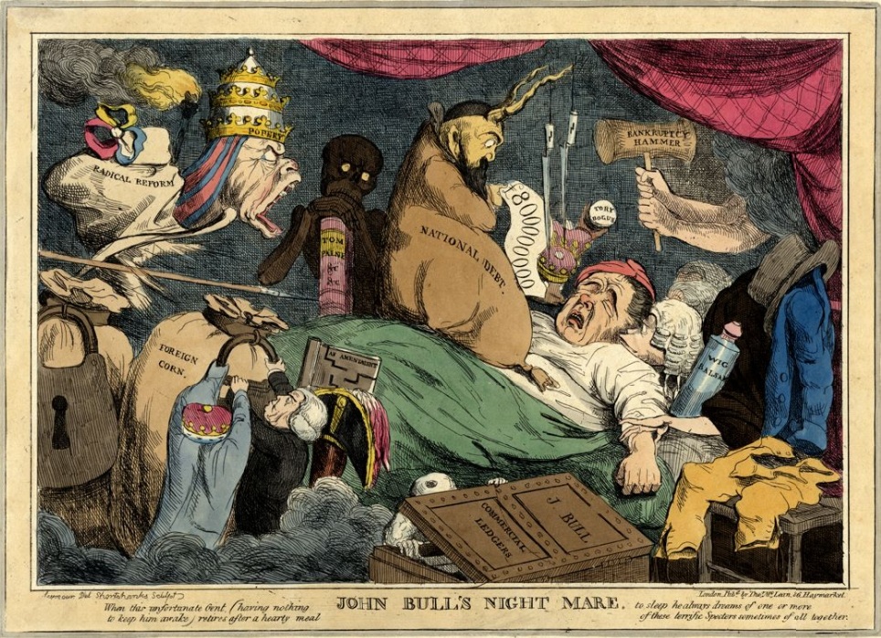 "John Bull's Night Mare" is an 1828 political intaglio by Robert Seymour, in a parody of Fuseli's Nightmare, with John Bull (a British equivalent of Uncle Sam) haunted in his sleep by various specters