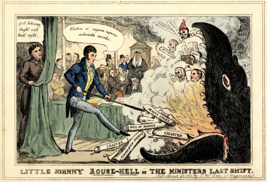 "Little Johnny Rouse-Hell or the Ministers Last Shift" a 1831 intaglio shows Earl John Russell thrust documents into a blazing hell-mouth, agape in the House of Commons. A few figures are seen inside it, including William Cobbett, peering though a gridiron, and Paine as a skeleton wearing a liberty cap - © The Trustees of the British Museum.