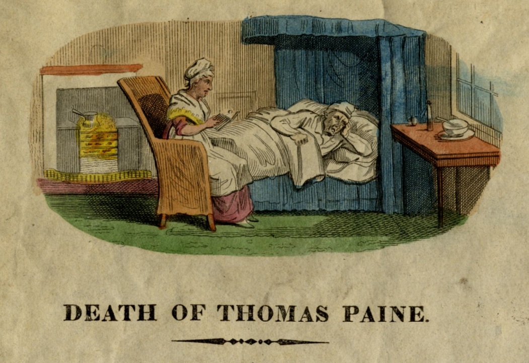 "Death of Thomas Paine" is a 1868 cartoon of Paine on his deathbed contained in 'The Percy anecdotes'. Paine is seen with his nurse Mrs. Hedden sitting by his side said to be reading the Bible to him and asking him to repent his religious views - American Philosophical Society