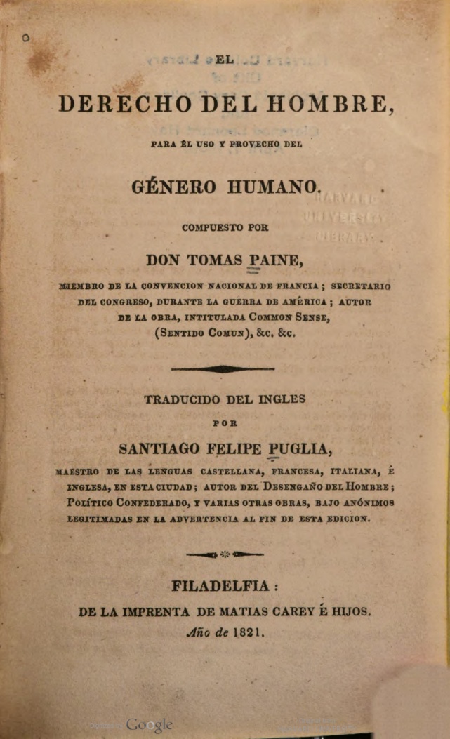 Spanish edition of Paine's 'Rights of Man' published in 1821 by Carey Filadelfia
