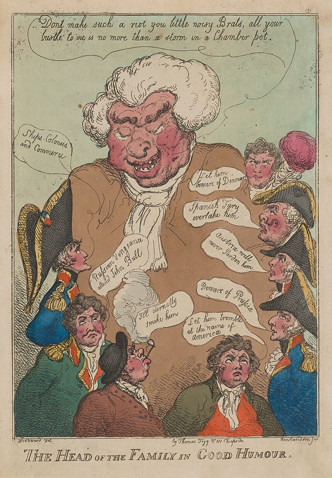 "The head of the family in good humour" is a 1809 satirical print by George Moutard Wooodward showing John Bull (a British equivalent of Uncle Sam) surrounded by the heads of the different states, who are all hurling out threats.