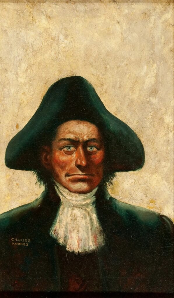 The cover art painting created by Paine admirer Charles John Andres for the 1945 Bantam paperback book "Citizen Tom Paine" by Howard Fast. The painting was Andres' first commercial book cover and the first Bantam paperback, a new idea in publishing started by publisher Ian Ballantine. The painting hung in the Andres family kitchen in Maine for over 60 years. Paine’s collar has bloodstains on it to represent his fight for liberty - Used with permission of the Estate of Charles J. Andres