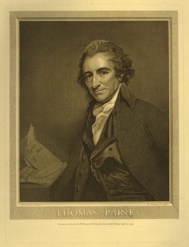 Thomas Paine Description Portrait, almost half-length directed to left, smiling and glancing keenly towards the viewer with bundles of papers labelled 'Rights of Man' and 'Common Sense' with a quill on the table beside him to left; after Romney; open letter state. 1793