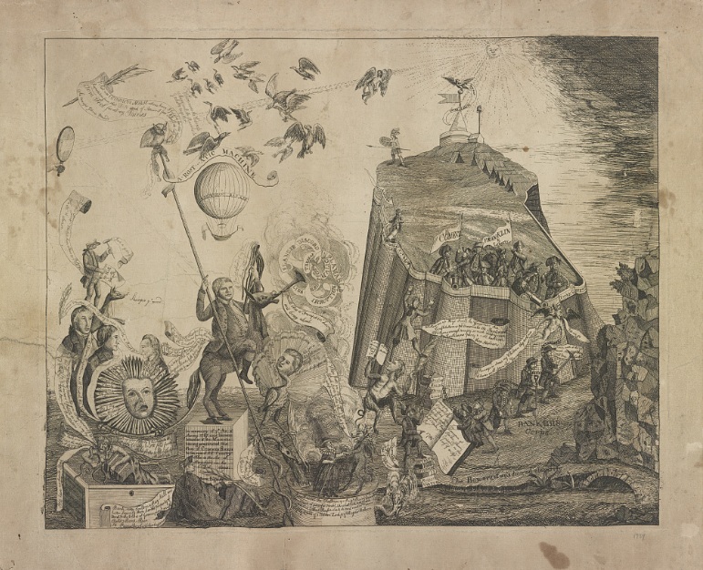 "Zion besieg'd and attack'd" is a 1787 American political etching sold by Philadelphia bookseller William Poyntell showing a large citadel besieged by a host of characters including the "Bankers Corps", Thomas Paine and other politicians an the assault against the 1776 Pennsylvania Constitution.
