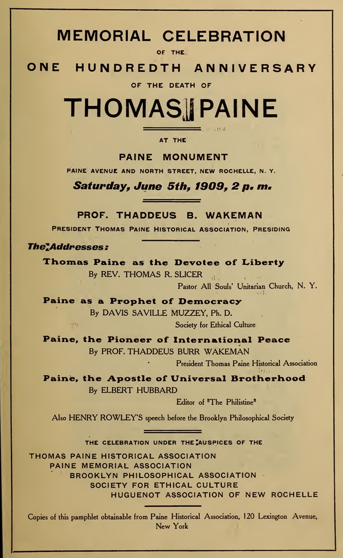 An image from a 1909 pamphlet promoting the memorial celebration of the one-hundredth anniversary of the death of Thomas Paine at the Paine Monument