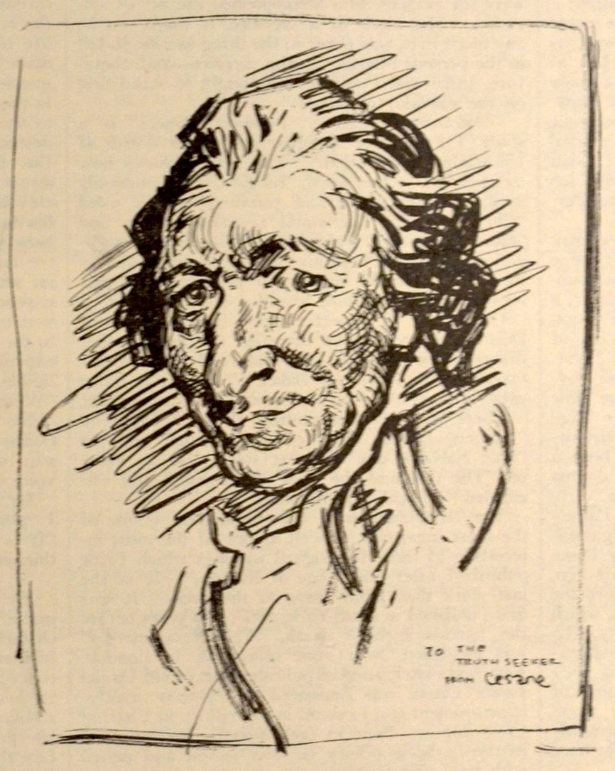 A Paine sketch by Oscar Edward Cesare, a Swedish-born American caricaturist, painter, draftsman and editorial cartoonist. The sketch is signed "To the Truth Seeker from Cesare" and was published in the January 27, 1917 edition of the Truth Seeker -