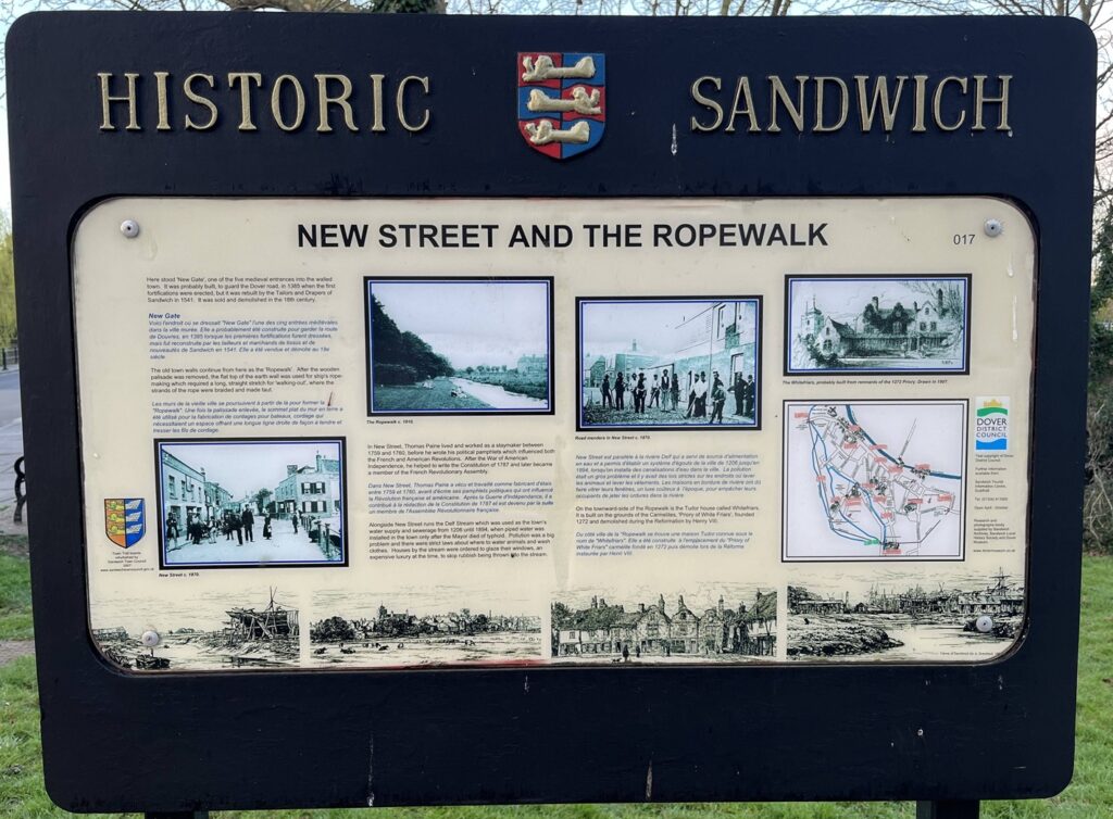 A marker showing the location of New Street in Sandwich, UK. It says in part, "In New Street, Thomas Paine lived and worked as a staymaker between 1759 and 1760" - Photo by Ray Gurganus