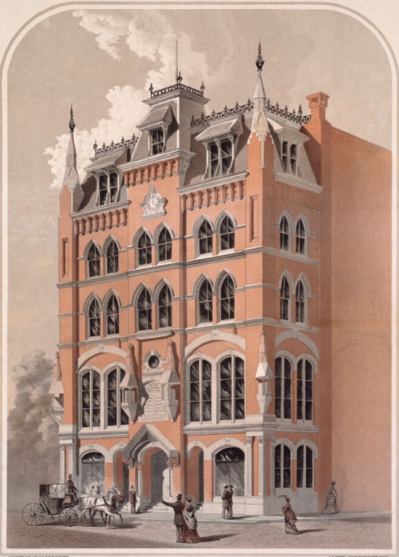 1875 lithograph by J.H. Bufford's Sons of the Paine Memorial Building and home of the liberal Boston Investigator. It was built in commemoration of Thomas Paine by San Francisco millionaire, James Lick. The building burned down on January 9, 1940 - Boston Public Library