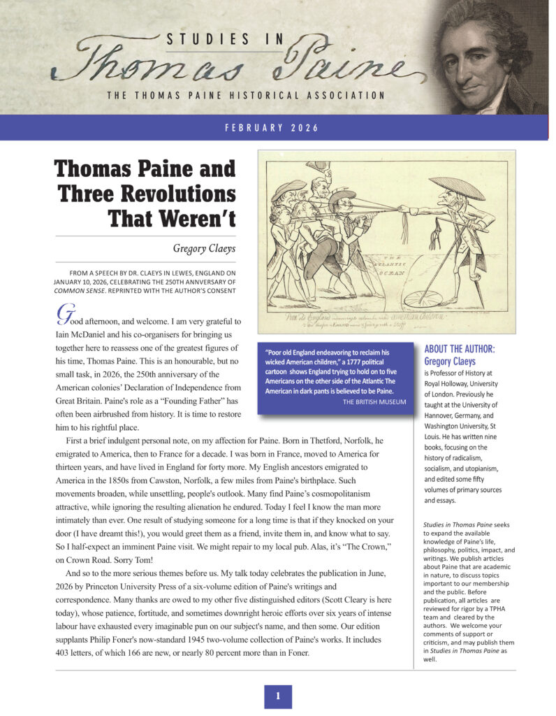 Studies in Thomas Paine, February 2026 – Thomas Paine and
Three Revolutions
That Weren’t