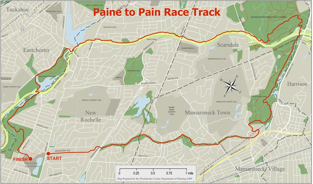 The Paine to Pain Trail Half-Marathon is a "single loop through the woods and trails of five parks in Westchester County. It starts and ends in New Rochelle, New York." The marathon's staging area is at New Rochelle's Thomas Paine Cottage - Paine to Pain Trail Half-Marathon