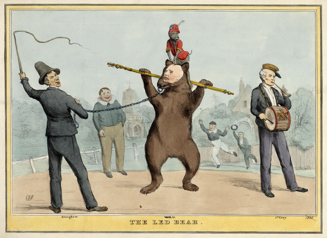"The led bear" is a 1831 satirical lithograph showing British King William IV as a dancing bear with a chain attached to the bear's nose held by Lord High Chancellor of Great Britain Henry Brougham, acting in the interests of the Radicals and free-thinkers. In the background is a gateway of a [Charit]'y School by Thos Pain' and beside the school is a dilapidated church, placarded 'To Be Let' - © The Trustees of the British Museum