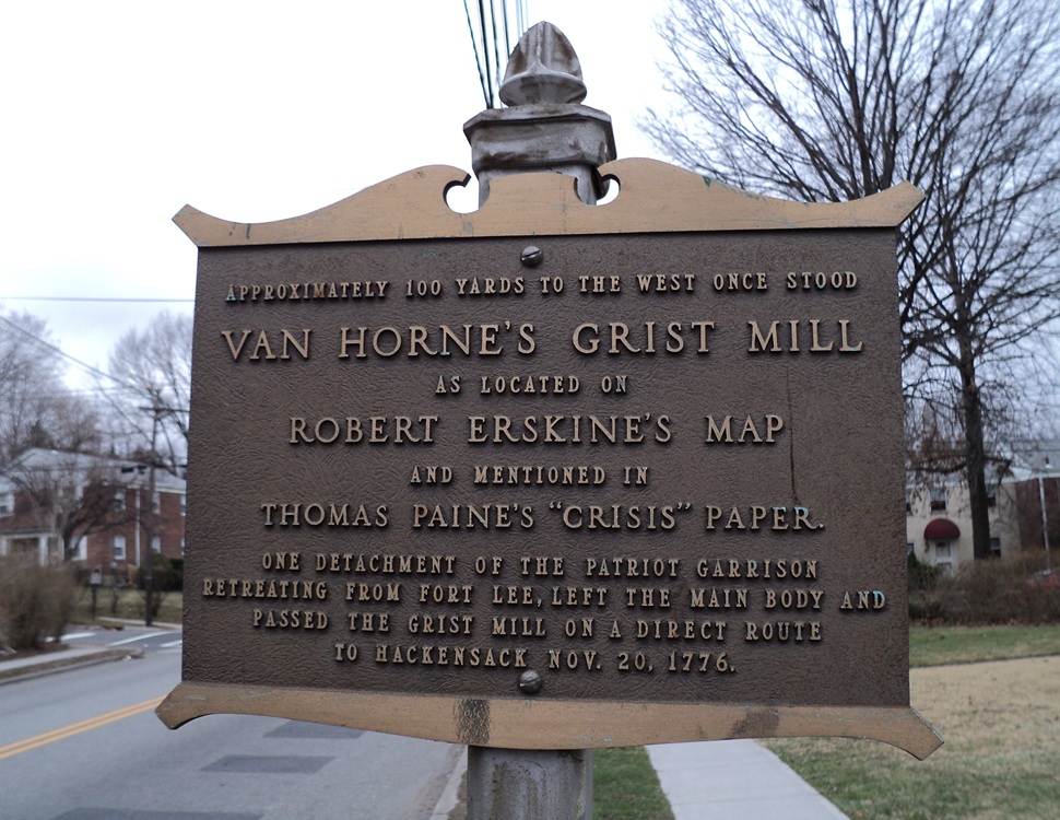 A marker showing the location of Van Horne's Grist Mill claiming that the mill was the place mentioned in Paine's Crisis I where he mentions "the greatest part of our troops went over the bridge, the rest over the ferry, except some which passed at a mill on a small creek" - Photo by Bill Coughlin