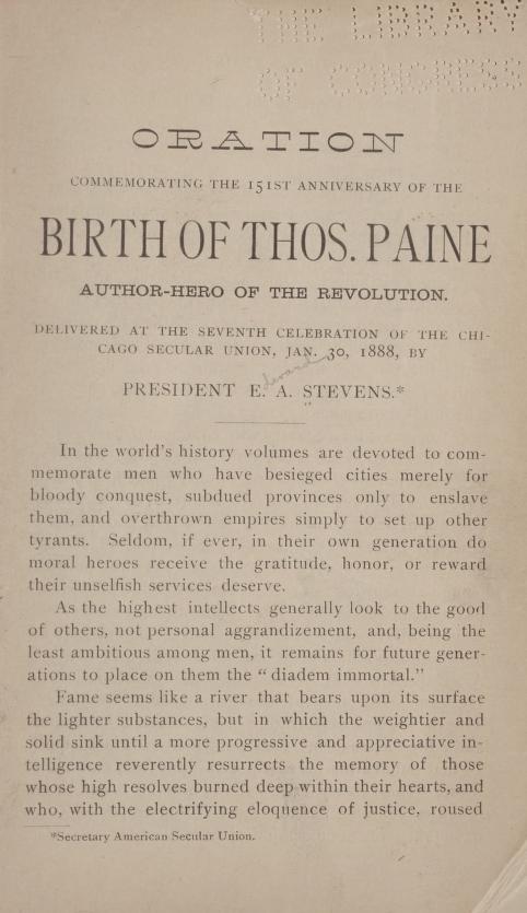 A record from the January 30th, 1888 Paine birthday anniversary celebration hosted by Chicago Secular Union with a transcript of the ketnote speech by E.A.  Stevens, Secretary of the American Secular Union - Library of Congress