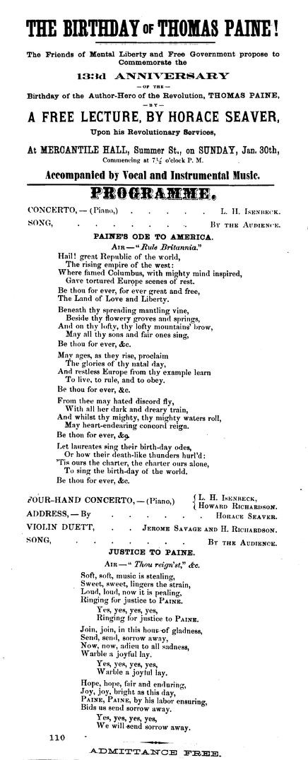 A record from the January 30th, 1870 Paine birthday anniversary celebration hosted by The Friends of Mental Liberty and Free Government at the Mercantile Hall in Boston with a transcript of the ketnote speech by Horace Seaver  - Library of Congress