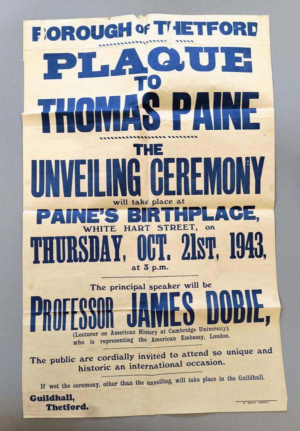 A record from the 1943 unveiling ceremony for a Paine plaque at his birthplace in on White Hart Street in Thetford, UK. There was a ketnote speech by Cambridge University Professor James Dobie representing the American embassy in London - © Norfolk Museums Service