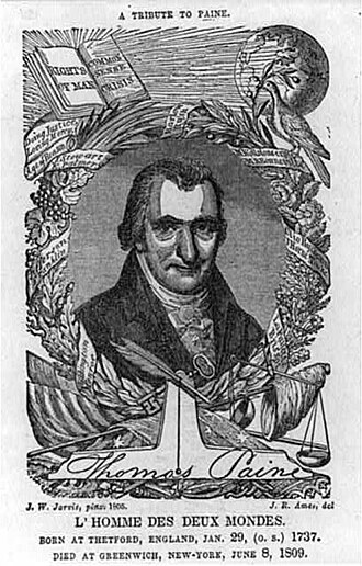 "A Tribute to Paine" is a 1809 woodcut based of the portrait painting by American John Wesley Jarvis - Library of Congress