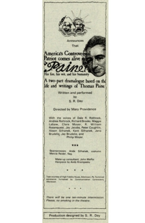 An American Theatrical Associates playbill for a two-art dramalogue play by S.R. Day called “Paine” - American Philosophical Society