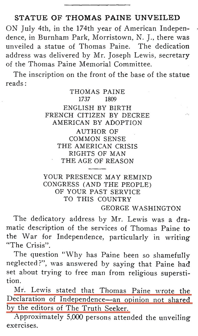 Newspaper article the Independence Day, July 4, 1950 unveiling of the Thomas Paine Statue in Morristown, New Jersey. 
