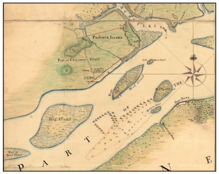Province Island and Mud Island south of Philadelphia in the Delaware River. Detail from John Montrésor‘s survey of Philadelphia, 1777. Library of Congress