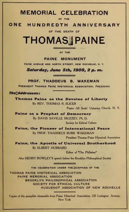 An advertisement for the June 5, 1909 memorial celebration on the 100th anniversary of Paine's death.