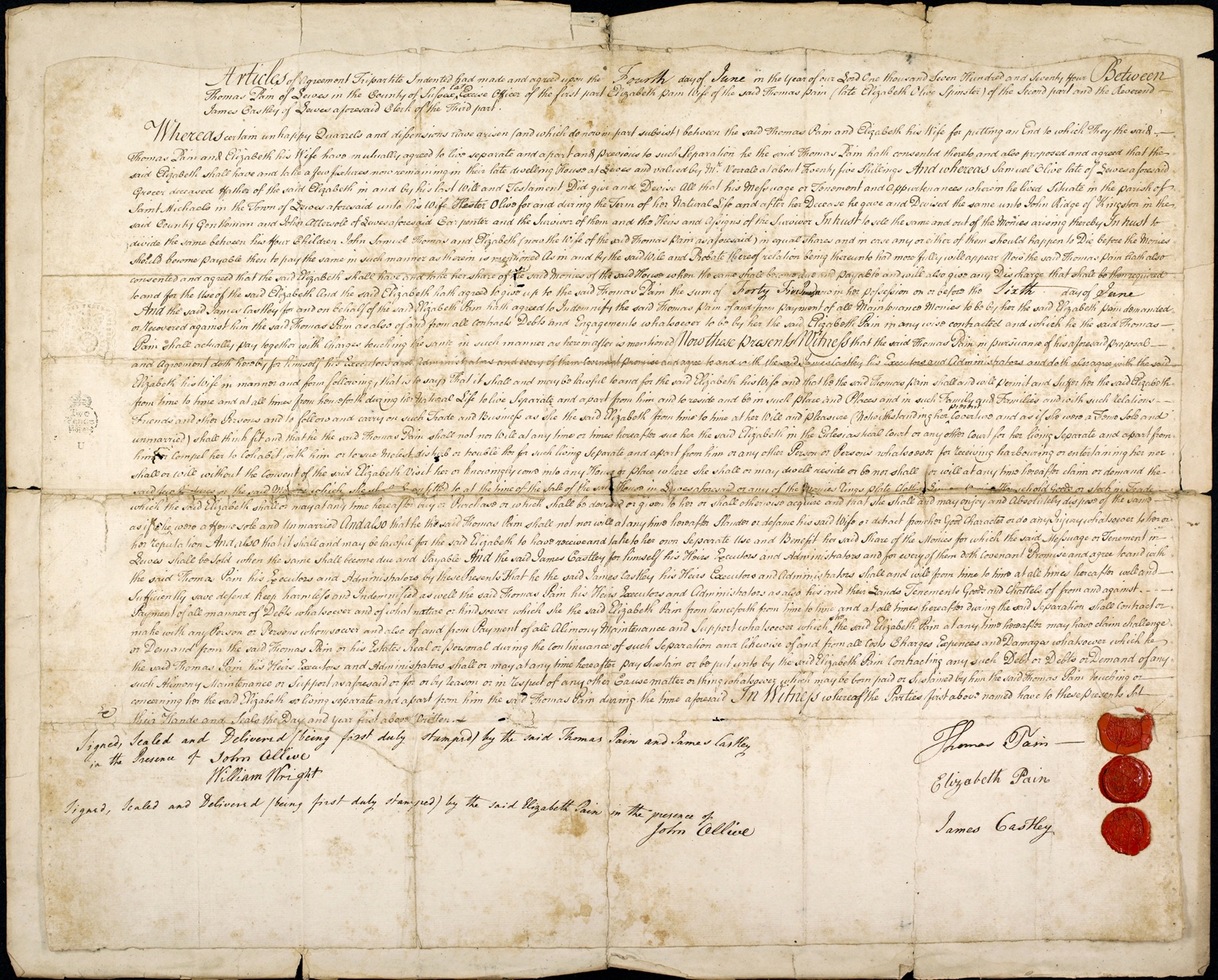 The separation agreement ending the Paine's second marriage between him and Elizabeth Ollive. 