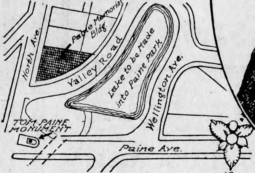 A 1924 map from an article in Wyoming's Thermopolis Independent newspaper showing the planned construction of the TPHA's Thomas Paine Memorial Building and Paine Park and pond next door - Library of Congress