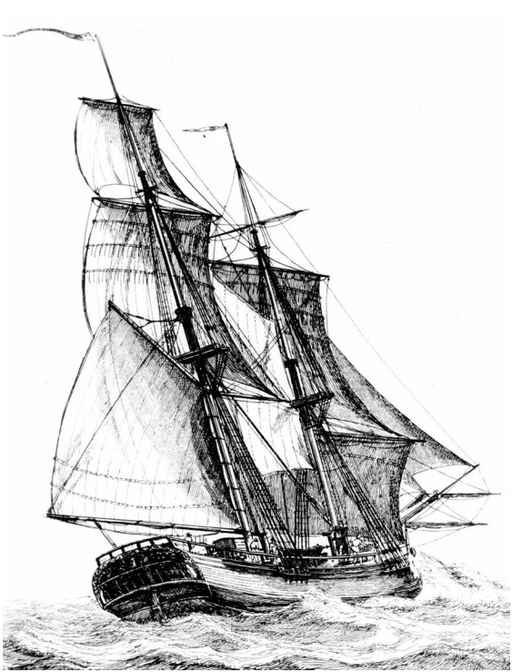 Paine sailed to America on the ship called "London Packet", departing England in October 1774. This is an engraving of the ship by Gerrit Groenwegen, from the Eberstadt Collection of Naval Engravings and Etchings