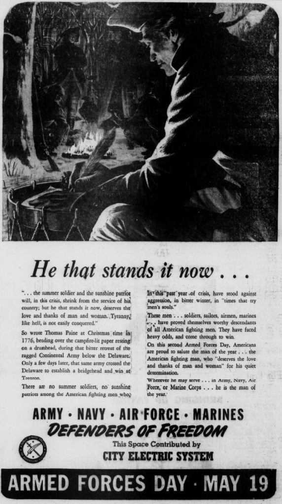 An advertisement for Armed Forces Day features Paine. From Florida's Key West Citizen on May 17, 1951 - Library of Congress