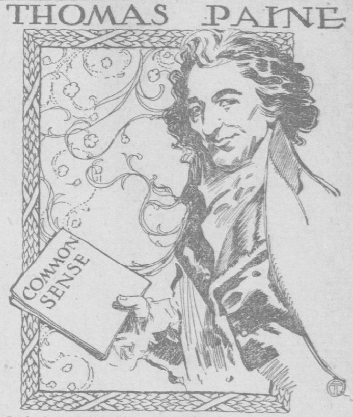 A cartoon of Paine holding Common Sense from a puzzle game in the January 8, 1914 edition of the El Paso Herald newspaper - Library of Congress