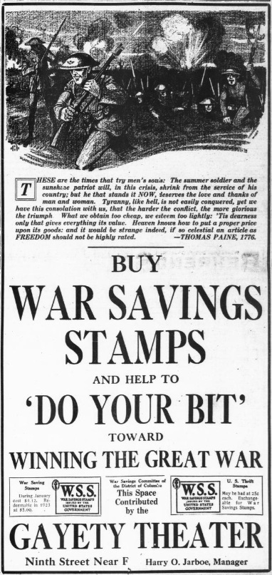 Another example of Paine's words being used in War Bonds advertising from the January 25, 1918 edition of the Washington Daily News - Library of Congress