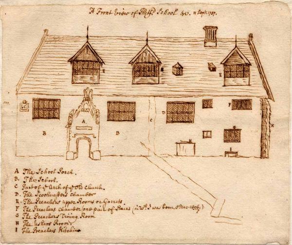 This brown ink drawing is titled "A Front View of Thetford School" by Thomas Martin is dated 1737, the year of Paine's birth. Paine was a pupil from 1744 to 1749, leaving school to begin an apprenticeship with his father - Norfolk Museums Service