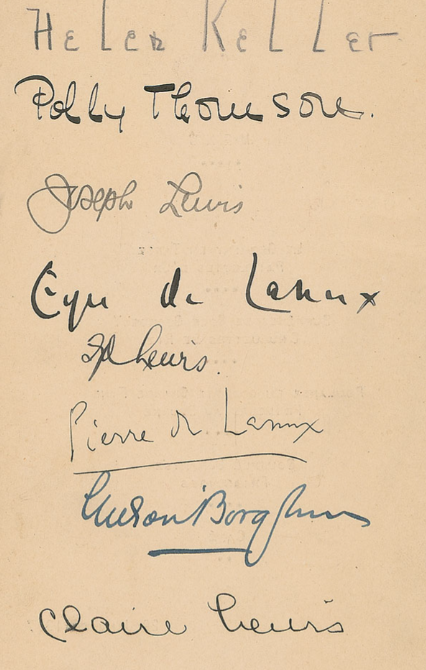 This dinner menu for the Thomas Paine Bicentennial Anniversary Dinner on January 29, 1937 was signed on the back in pencil by American author, activist, lecturer and prominent advocate for people with disabilities Helen Keller and in fountain pen by her dedicated secretary, interpreter and constant companion for over 40 years, Polly Thomson. Other signatures include artist Eyre de Lanux, diplomat Pierre Combret de Lanux, the sculptor of the Thomas Paine statue in Paris, Gutzon Borglum, and three others.