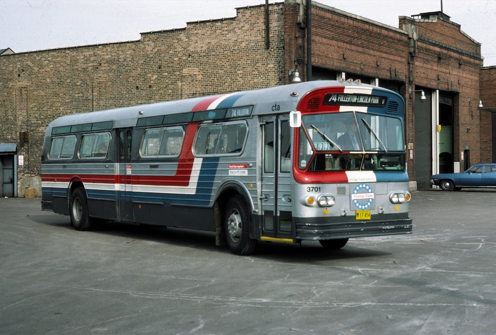 The Chicago Transit Authority operated a fleet of bicentennial-themed liveried buses in the mid to late 1970's with buses named after prominent partiotic figures like John Hancock, Thaddeus Kosciusko and John Rutledge. The bus shown here is the Thomas Paine - Image credited to Mel Bernaro