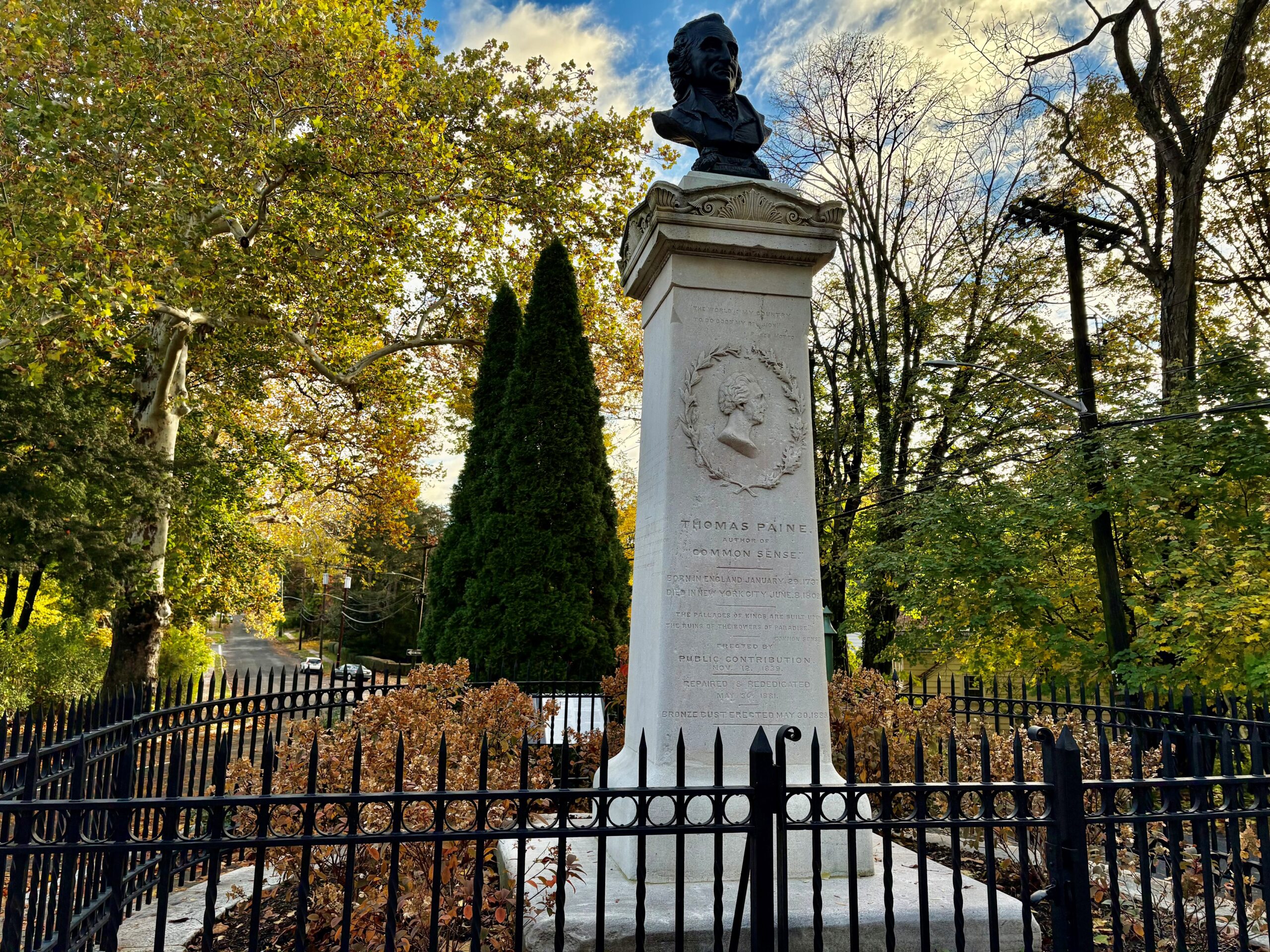 The Thomas Paine New Rochelle Monument is a 12-foot marble column marking his burial site. In 1837, Gilbert Vale, editor of the New York newspaper The Beacon, started a subscription for the purpose of erecting the monument that was dedicated on May 30th, 1881. Sculptor William Macdonald created the bronze bust that was placed upon the monument on May 30th, 1899.