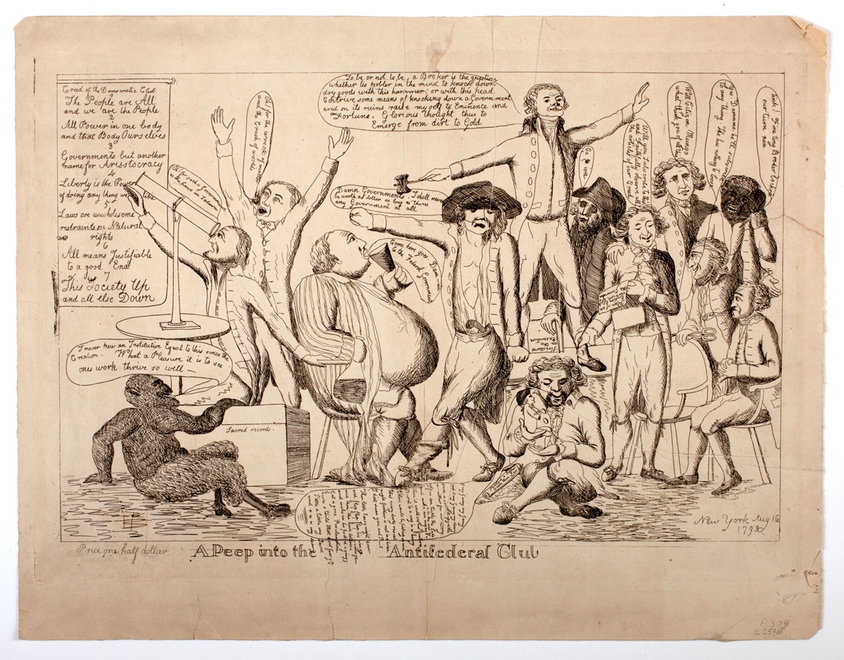 A 1793 American political cartoon titled, "A peep into the Antifederal Club" mocks members of an imagined New York Anti-Federal political club. Some of the characters believed to be portayed are Thomas Jefferson, scientist David Rittenhouse (looking through a telescope), and Thomas Paine in the top right - American Antiquarian Society
