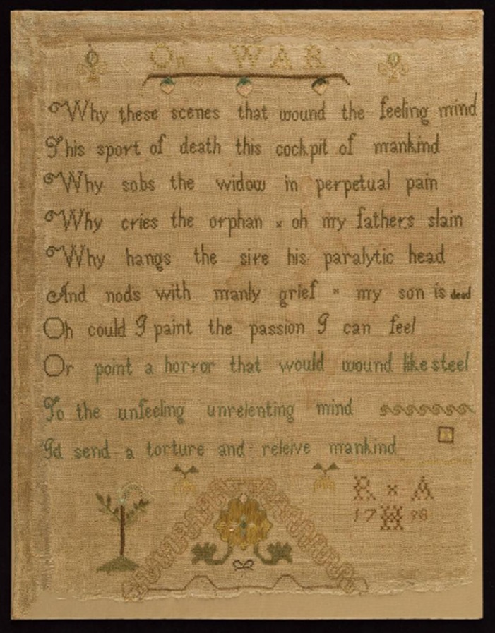 A 1798 "Sampler" made of silk embroidery threads on a linen ground by Ann May Horwell from Alexandria, Virginia. The verse is an excerpt from "To the King of England", often seen titled "An Address to Lord Howe", written by Thomas Paine and first published in the Pennsylvania Packet on November 14, 1778. It is possible that it gained the title "Address to Lord Howe" (a title Paine never gave to it) in the Boston Investigator newpaper in 1870 - The Colonial Williamsburg Foundation